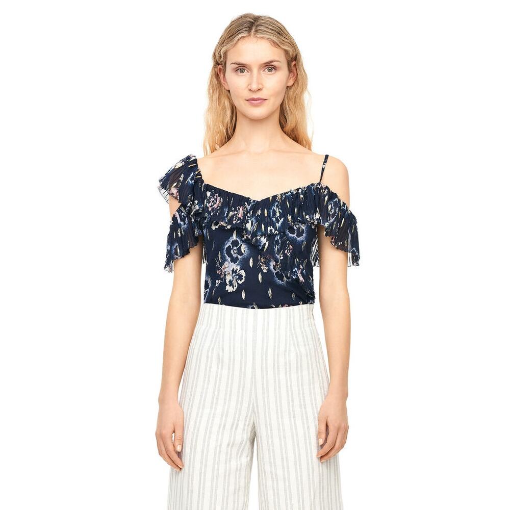 Rebecca Taylor Women's Navy Blue Silk Faded Floral Metal Clip Tank Top Size 4